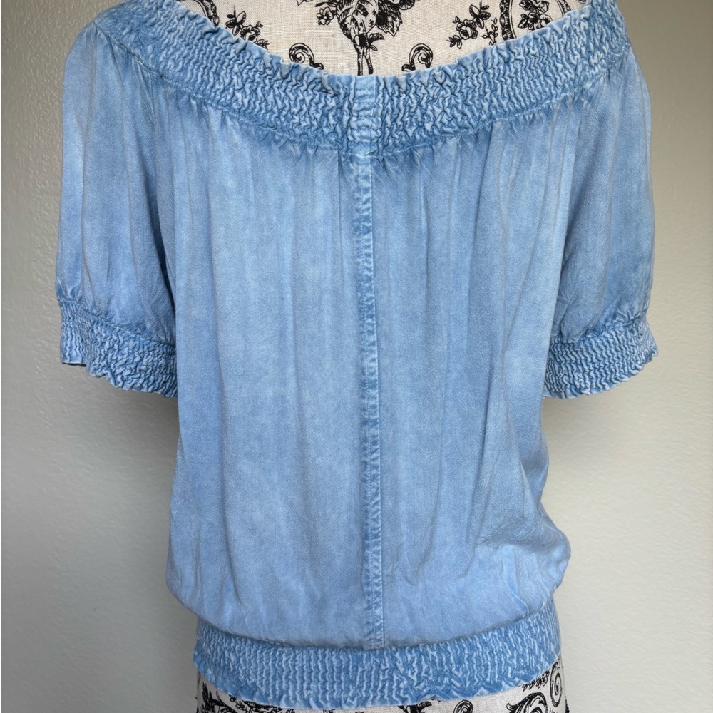 Smocked Light Blue Embroidered Peasant Blouse - Picture 10 of 13